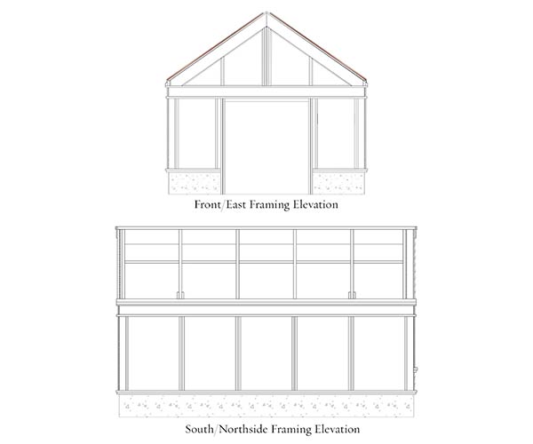 An engineered computer assited design drawing showing the front/east framing elevation and south/north framing elevation for a custom greenhouse